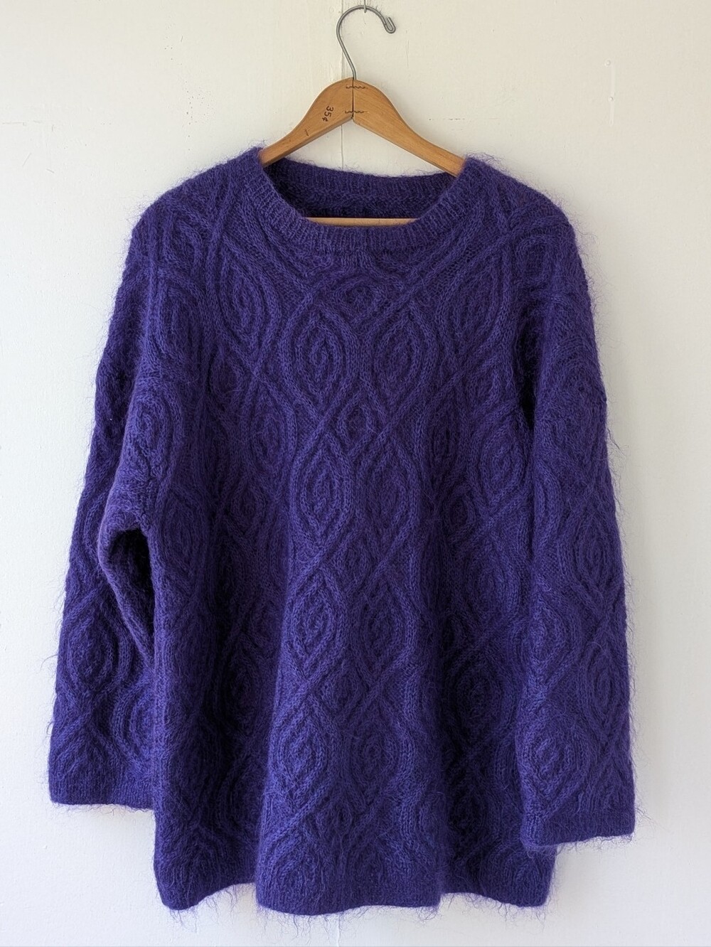Vintage Purple Cable Knit Mohair Crewneck Sweater Size XL